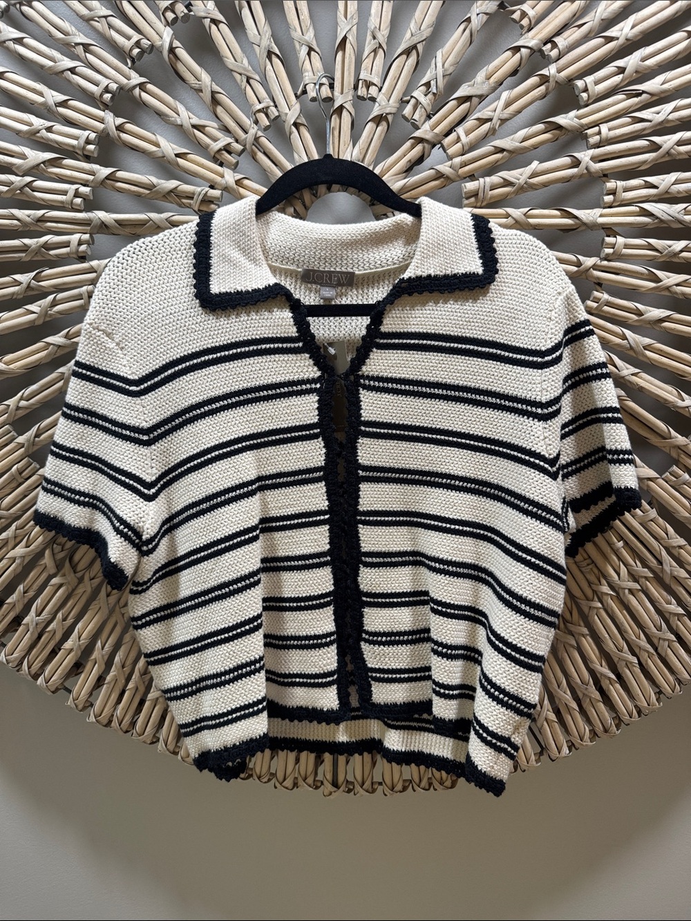 J. Crew Black & Cream Striped Knit Polo Cardigan
